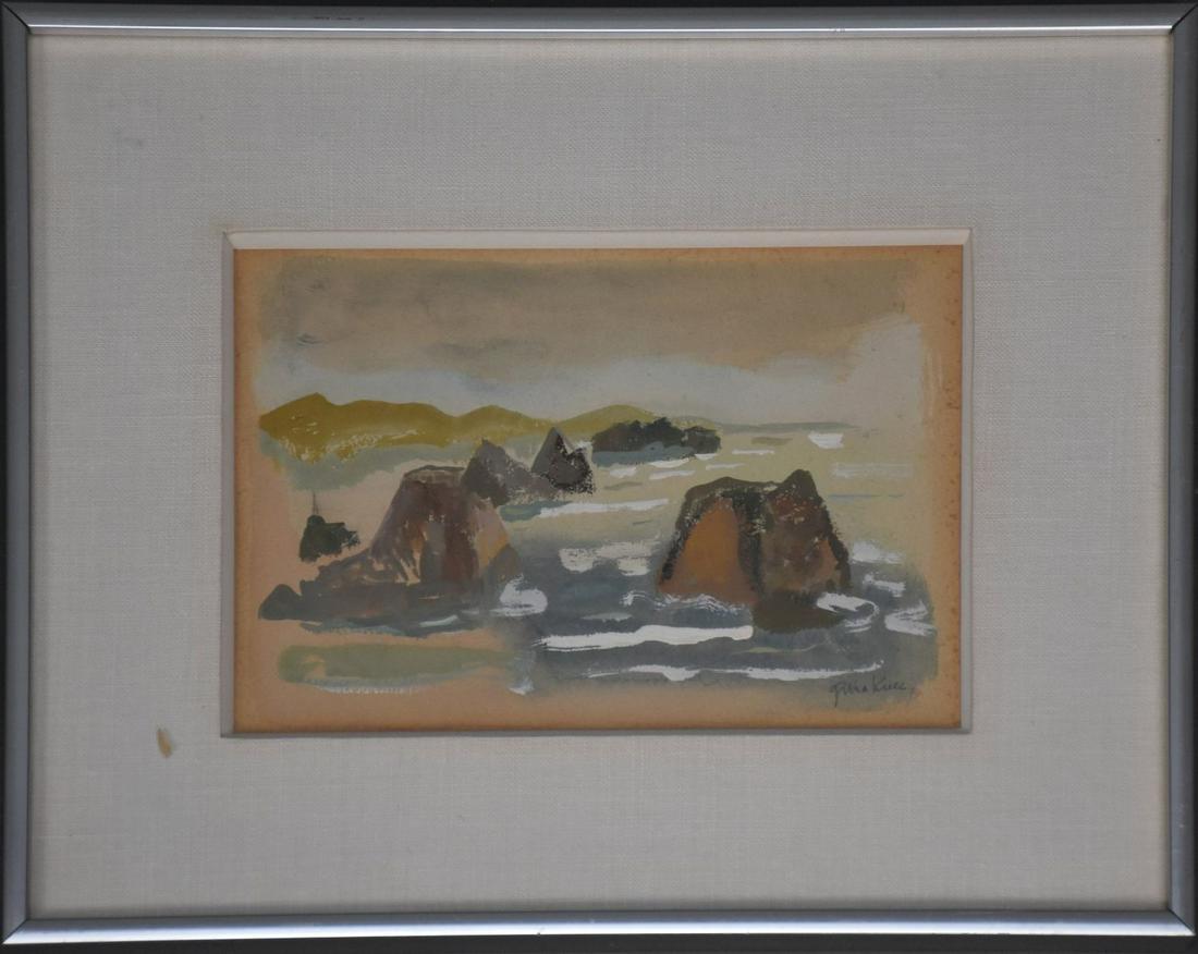 Gina Knee (American 1898 - 1982) Elk California I, Larcady Gallery NY. dated 1948. Watercolor -: Gina Knee (American 1898 - 1982) Elk California I, Larcady Gallery NY. dated 1948. Watercolor - Ocean Rocks, sheet size 7 x 9-1/2 inches. overall framed size 12-1/2 x 15-1/4 inches