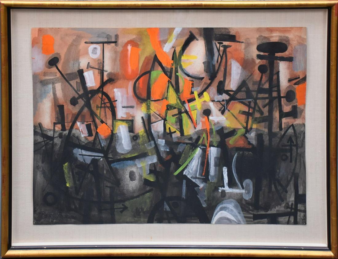 Byron Browne (American, 1907-1961) Gouache on Paper: Abstract Composition - NOCTURNE, signed and: Byron Browne (American, 1907-1961) Gouache on Paper: Abstract Composition - NOCTURNE, signed and dated 1954 lower left, sheet size approx..20 x 26 inches