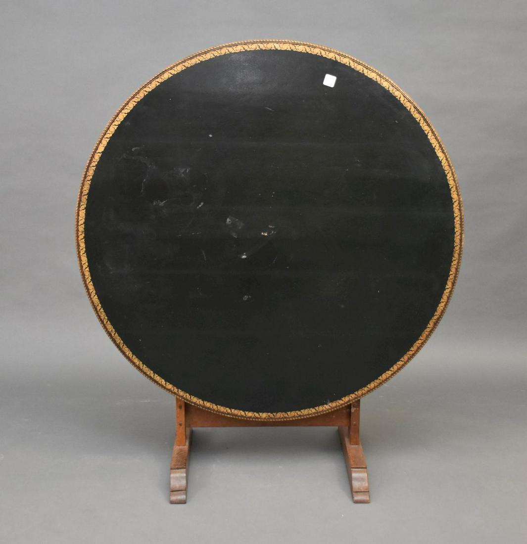 Tilt Top Breakfast Table, Oak With Black Leather Top & Stretcher Legs, 28"h x 37 1/4"dia  (wear to (1 of 5)