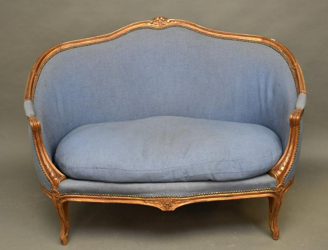 Settee, Carved Gilt Wood Frame, Blue Linen Upholstery with Removeable Seat Cushion, 38"h x 51"w x: Settee, Carved Gilt Wood Frame, Blue Linen Upholstery with Removeable Seat Cushion, 38"h x 51"w x 31"d (needs cleaning)