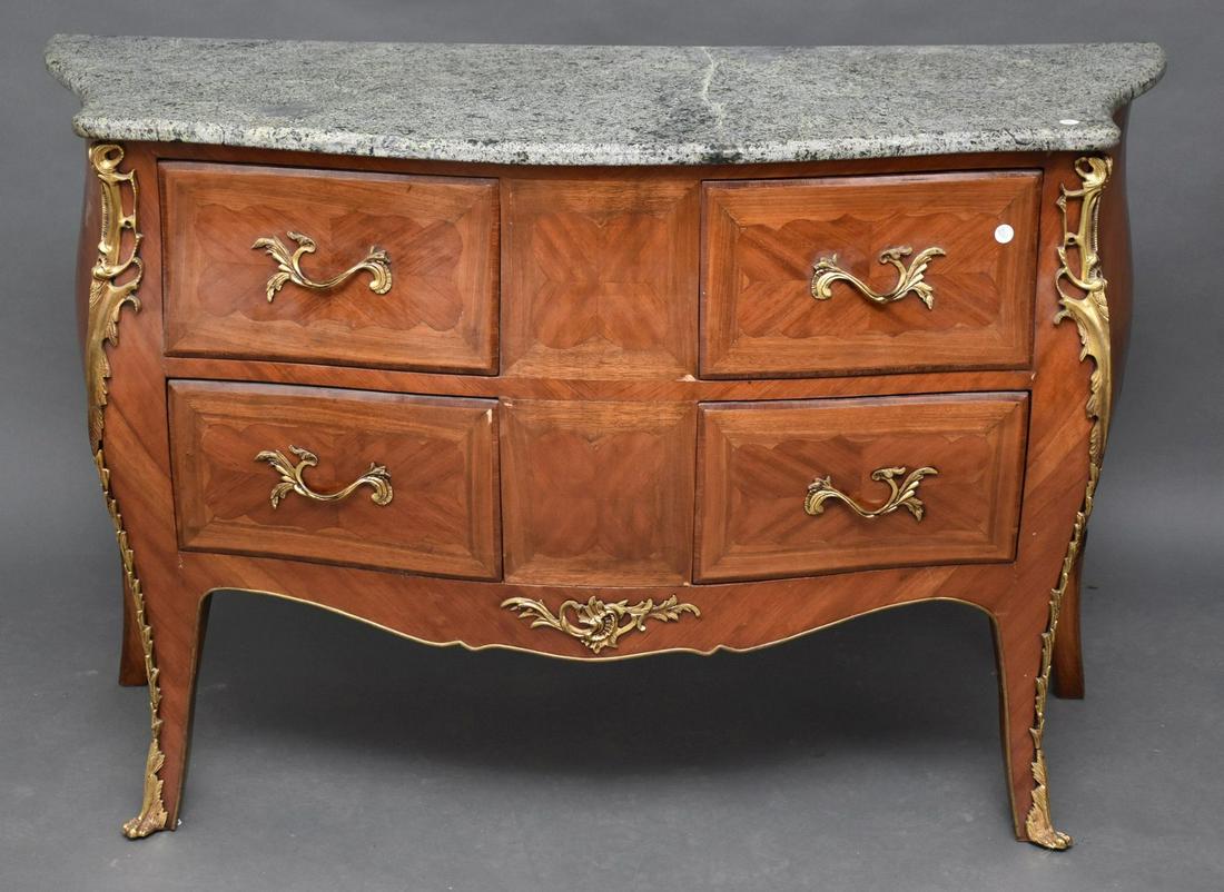 Louis XV Style Marble Top Commode - 20th Century. with Green Marble Top, 4 Drawers with bronze: Louis XV Style Marble Top Commode - 20th Century. with Green Marble Top, 4 Drawers with bronze mounts, 33"h x 49"w x 19"d (some inlay missing)