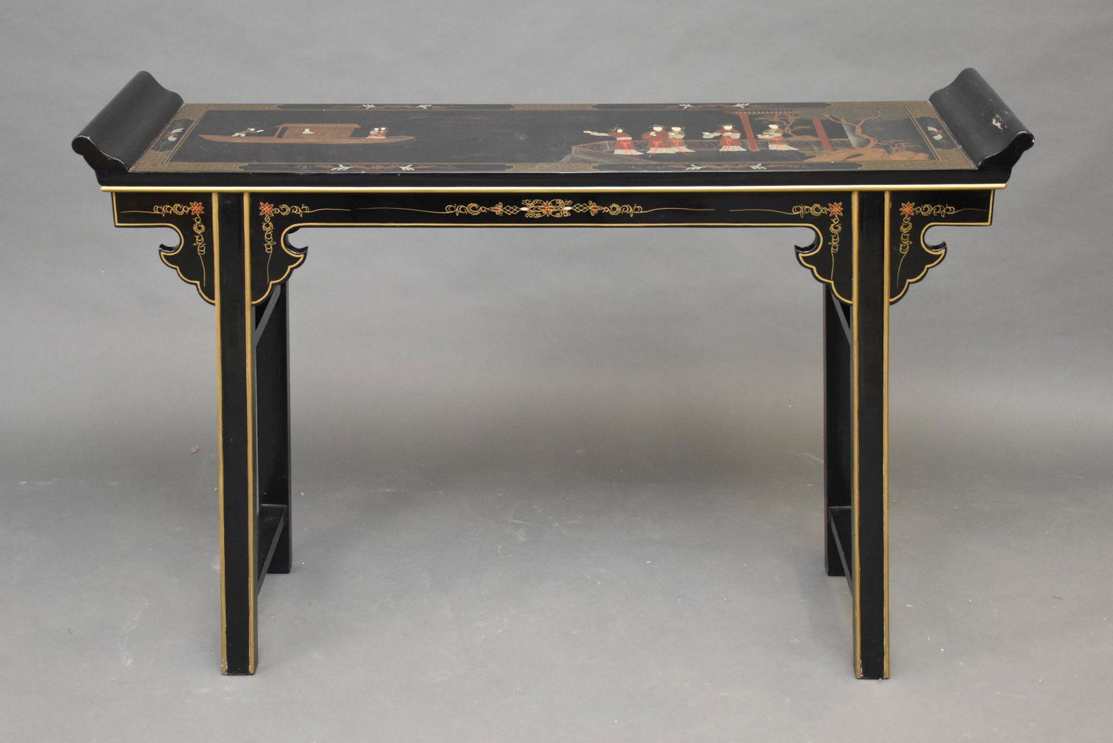 Chinese Black Lacquer Altar Table with Gold Painted Trim, Chinese Scenes on Top, 33"h x 49"w x 15"d (1 of 3)