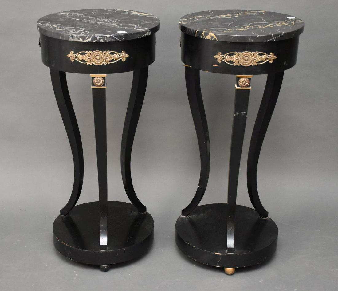 Pair Wood Stands with Marble Tops, Gilt Bronze Accents, 34"h x 16"dia: Pair Wood Stands with Marble Tops, Gilt Bronze Accents, 34"h x 16"dia