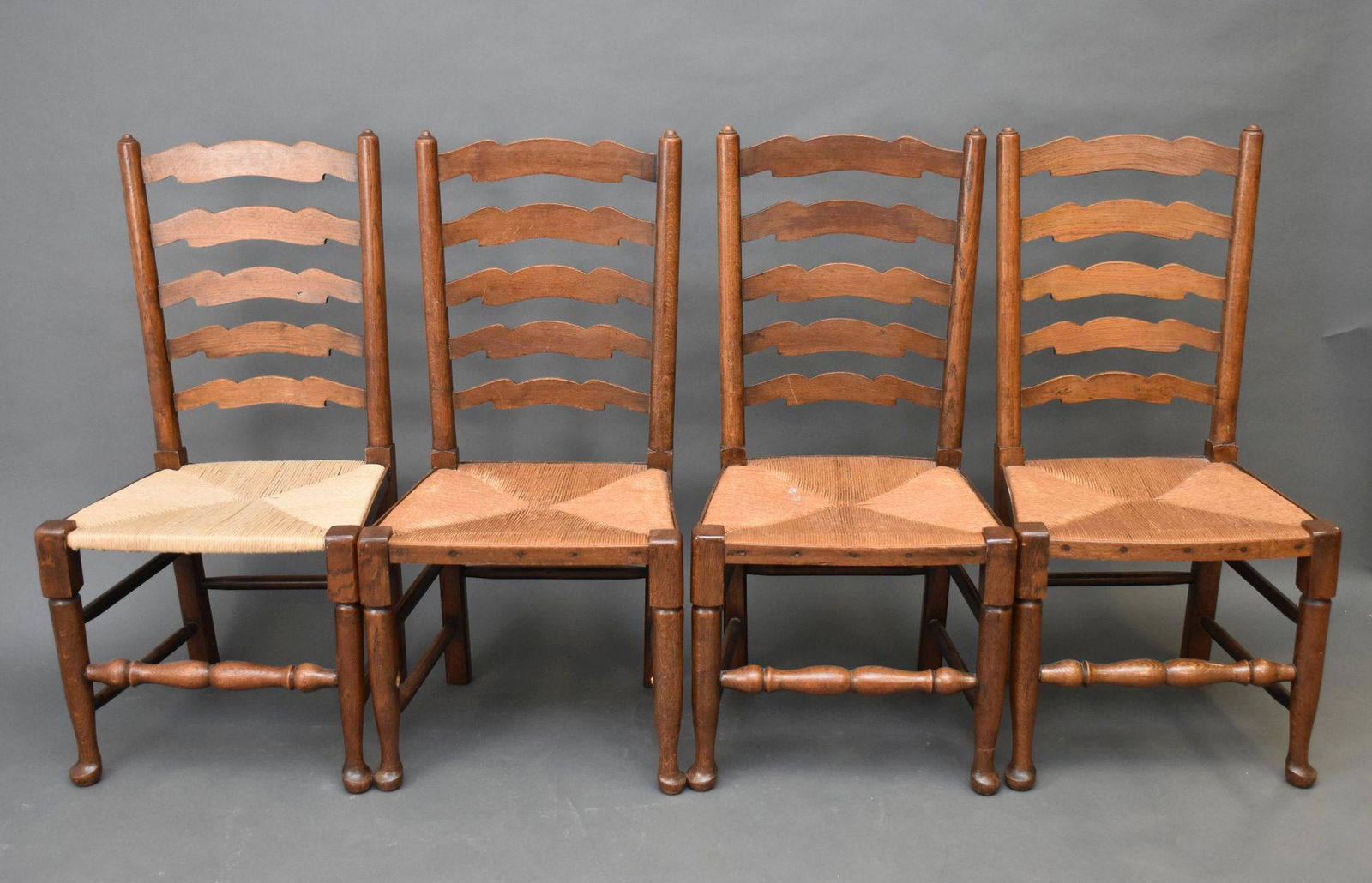 4 Oak Ladder Back Chairs with Rush Seats (one seat redone), 38"h (1 of 6)