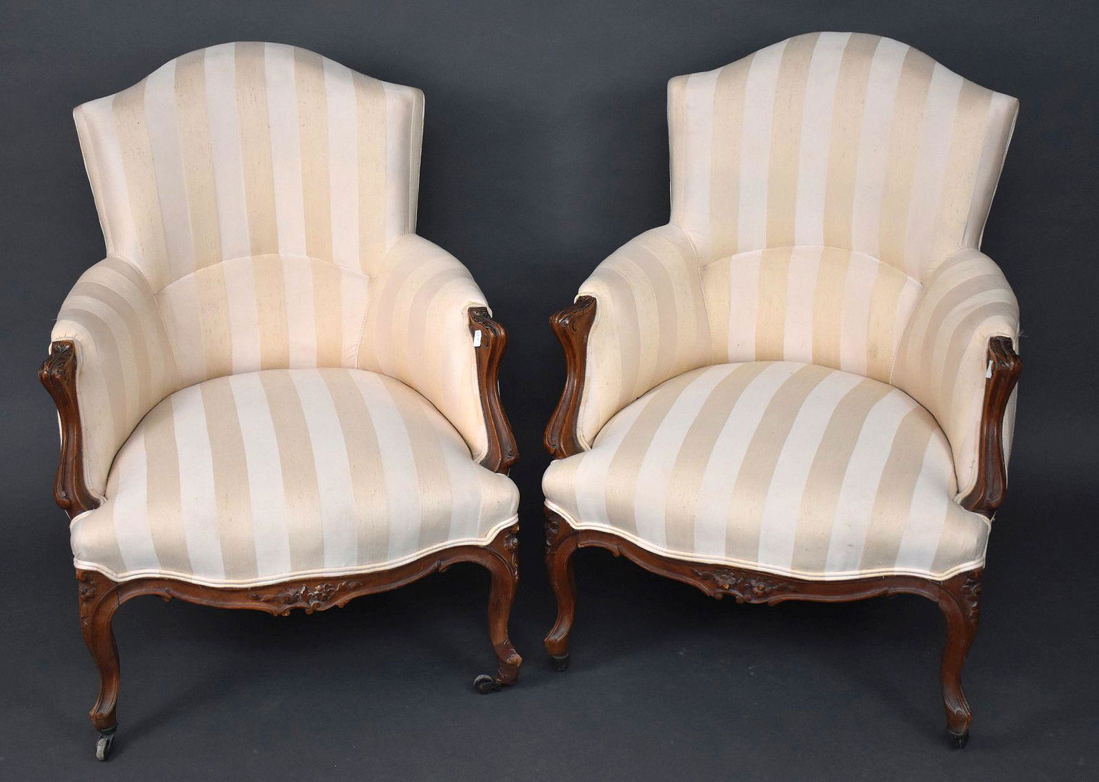 Pair Upholstered Arm Chairs on Castors, Silk Ivory Upholstery, 36"h x 26"w x 26"d (1 of 4)