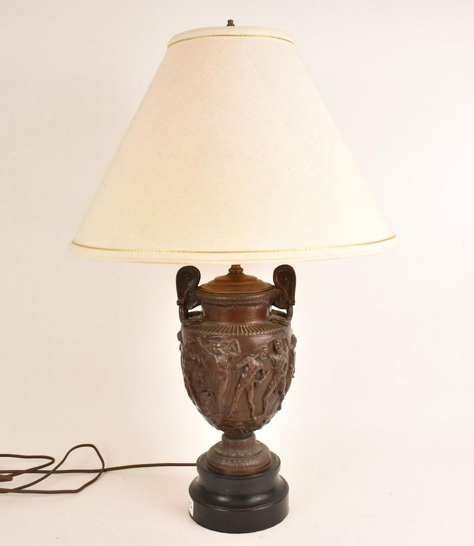 Bronze Urn Form Lamp on Marble Base, Relief Form, 14"h Urn, 28"h to finial (1 of 7)