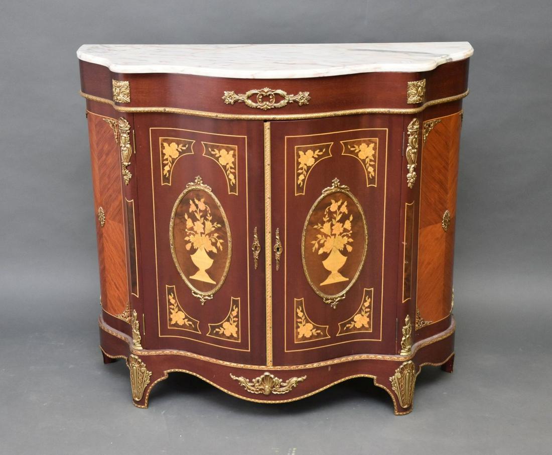 Bowed Front Console, Inlaid With Gilt Accents, Rouge Marble Top, 2 Doors, 20thc, 38 1/2"h x 42"w x: Bowed Front Console, Inlaid With Gilt Accents, Rouge Marble Top, 2 Doors, 20thc, 38 1/2"h x 42"w x 16"d
