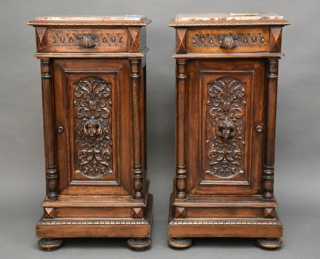 Pair of 2 Neapolitan Night Stands, 1880, Marble Tops Above Carved Cabinets, One Drawer & Bas Relief (1 of 10)