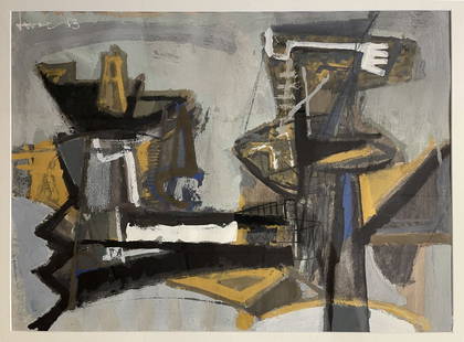 John Harrison Levee (American 1924 - 2017) ABSTRACT-1953 Oil on paper, Signed: John Harrison Levee (American 1924 - 2017) Untitled - ABSTRACT-1953 Oil on Paper, Signed and Dated , 17 1/2 x 24 1/2 inchesProvenance: Exhibited in California Watercolor Society in 1953 illustrated an