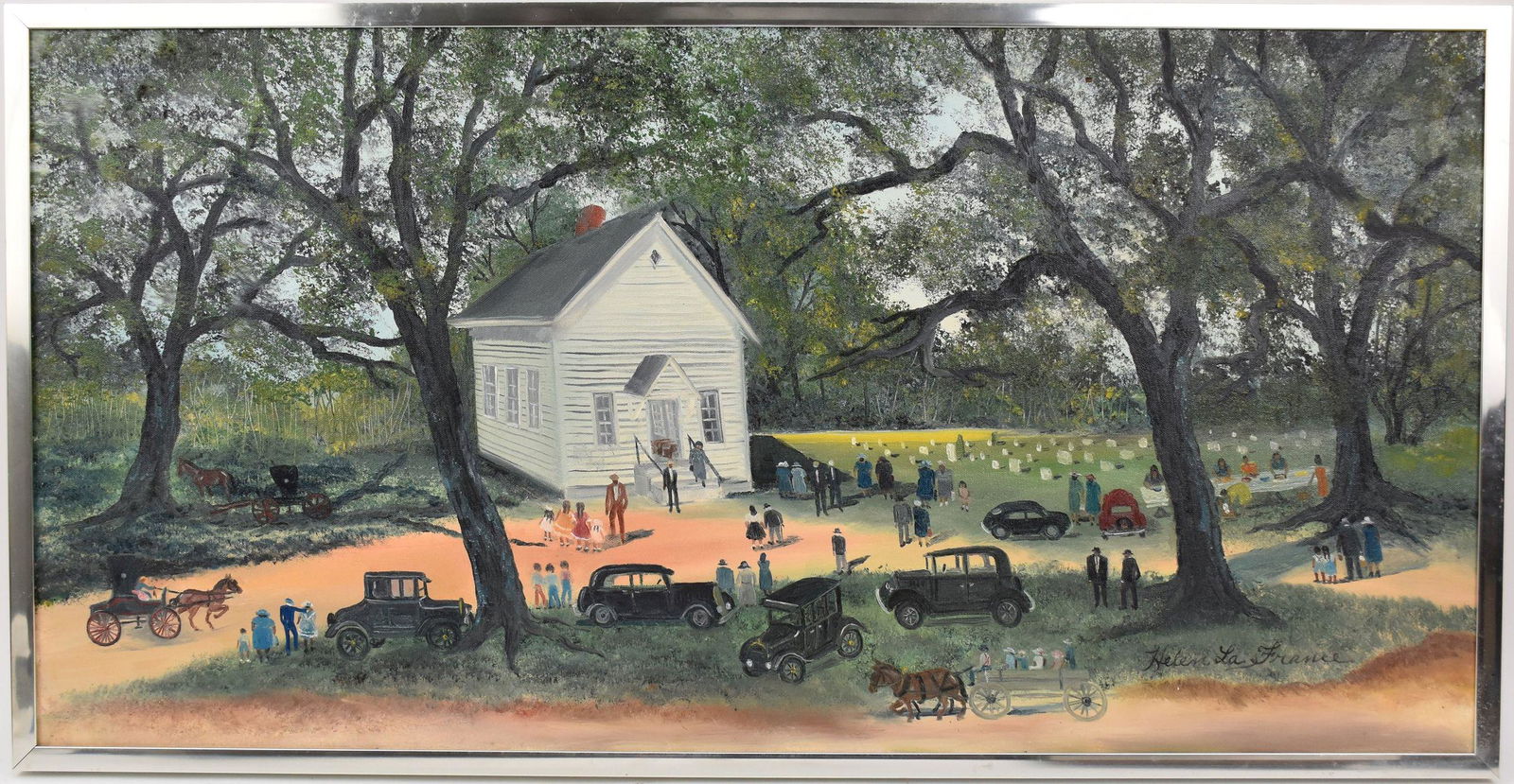 Helen La France O/C Southern Church Picnic: Helen La France (Kentucky, 1919-2020) large oil on canvas landscape painting depicting an African American congregation gathering for a Church Picnic, with automobiles parked in front of a church and