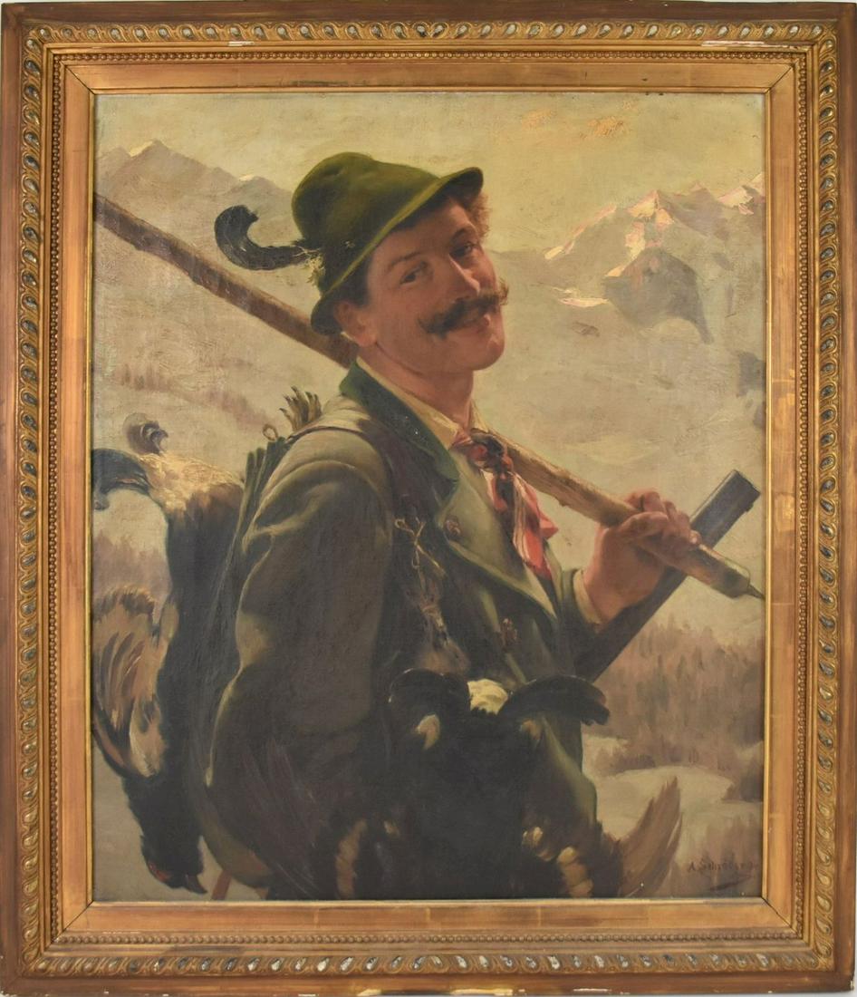 ALBERT FRIEDERICH SCHRODER (German 1854-1939) Oil on canvas, ca. 1894 Depicts Swiss hunter, close-up (1 of 7)