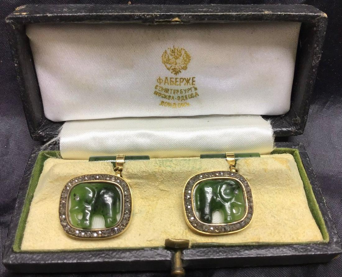 Russian gold enamel jade diamond cufflinks Russian antique Carved Nephrite Jade, Rose Cut Diamond: Russian gold enamel jade diamond cufflinks Russian antique Carved Nephrite Jade, Rose Cut Diamond and 14 Karat Yellow Gold Cufflinks. With fitted signed box. (illegible). Each oval cufflink with a car