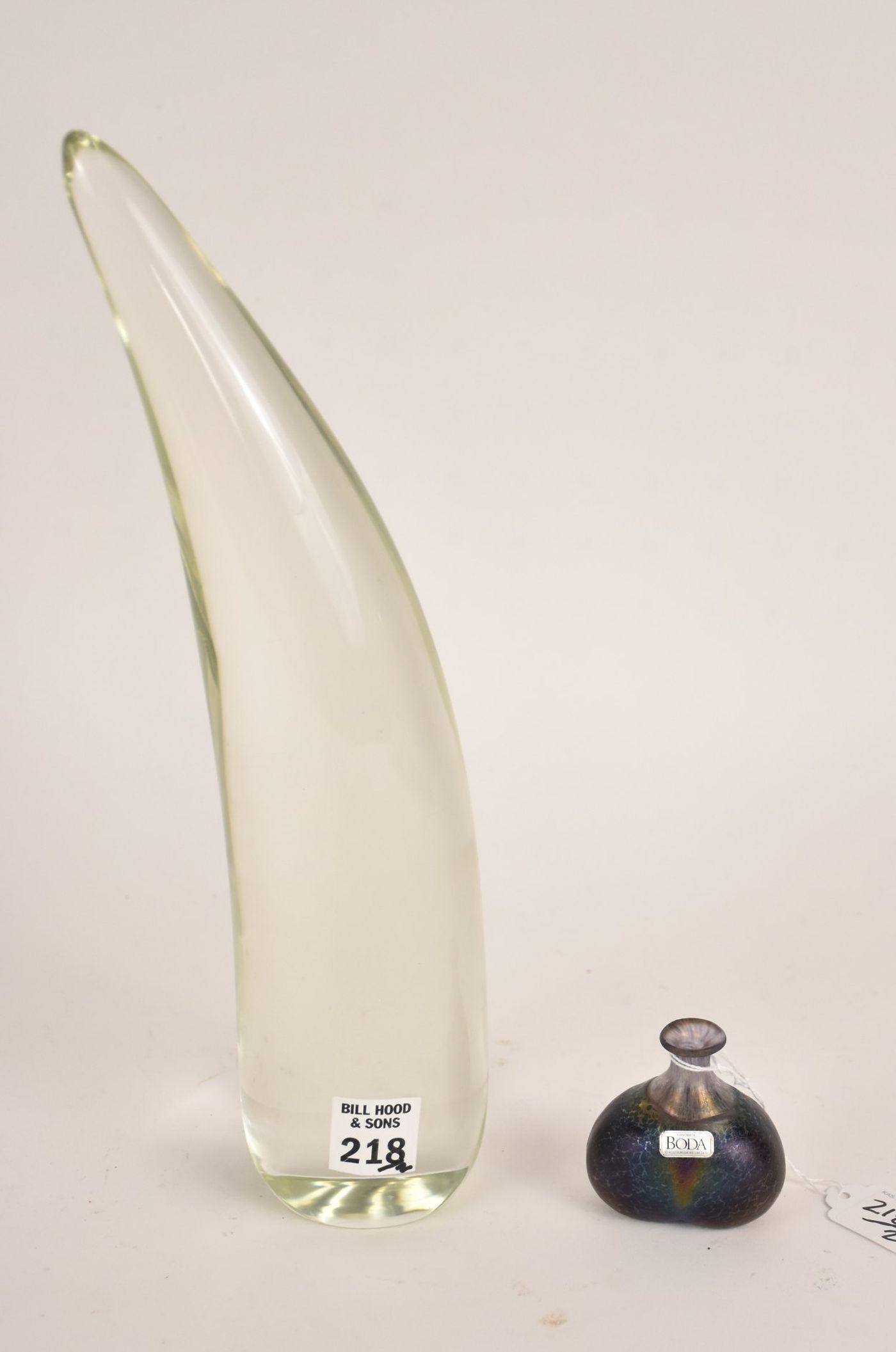 Tall Vintage Zanetti Murano Crystal Horn. Inscribed underneath 12 ¼” by 2 ½”. Together with a: Tall Vintage Zanetti Murano Crystal Horn. Inscribed underneath 12 ¼” by 2 ½”. Together with a vintage Kosta Boda, mini- iridescent vase “Volcano”, fully engraved Bertil Vallien #48129. Both 