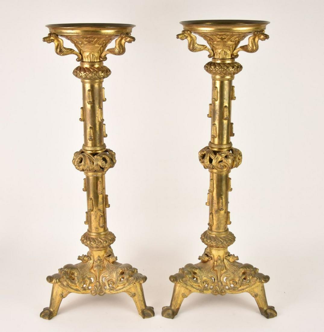 Pair Antique Continental Gilt Bronze Candlestick - A pair of gilt bronze altar-style candlesticks (1 of 8)