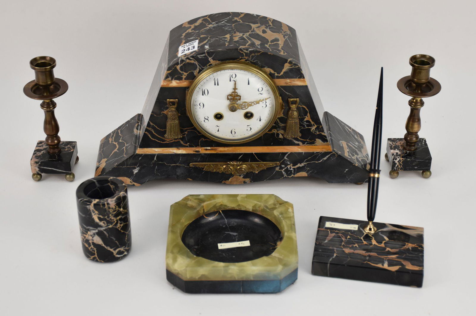 6pc. Vintage Variegated Marble Desk Set, incl; Clock (8 1/2"h x 15"W x 5 3/4"d), Ash Tray, Pencil (1 of 6)