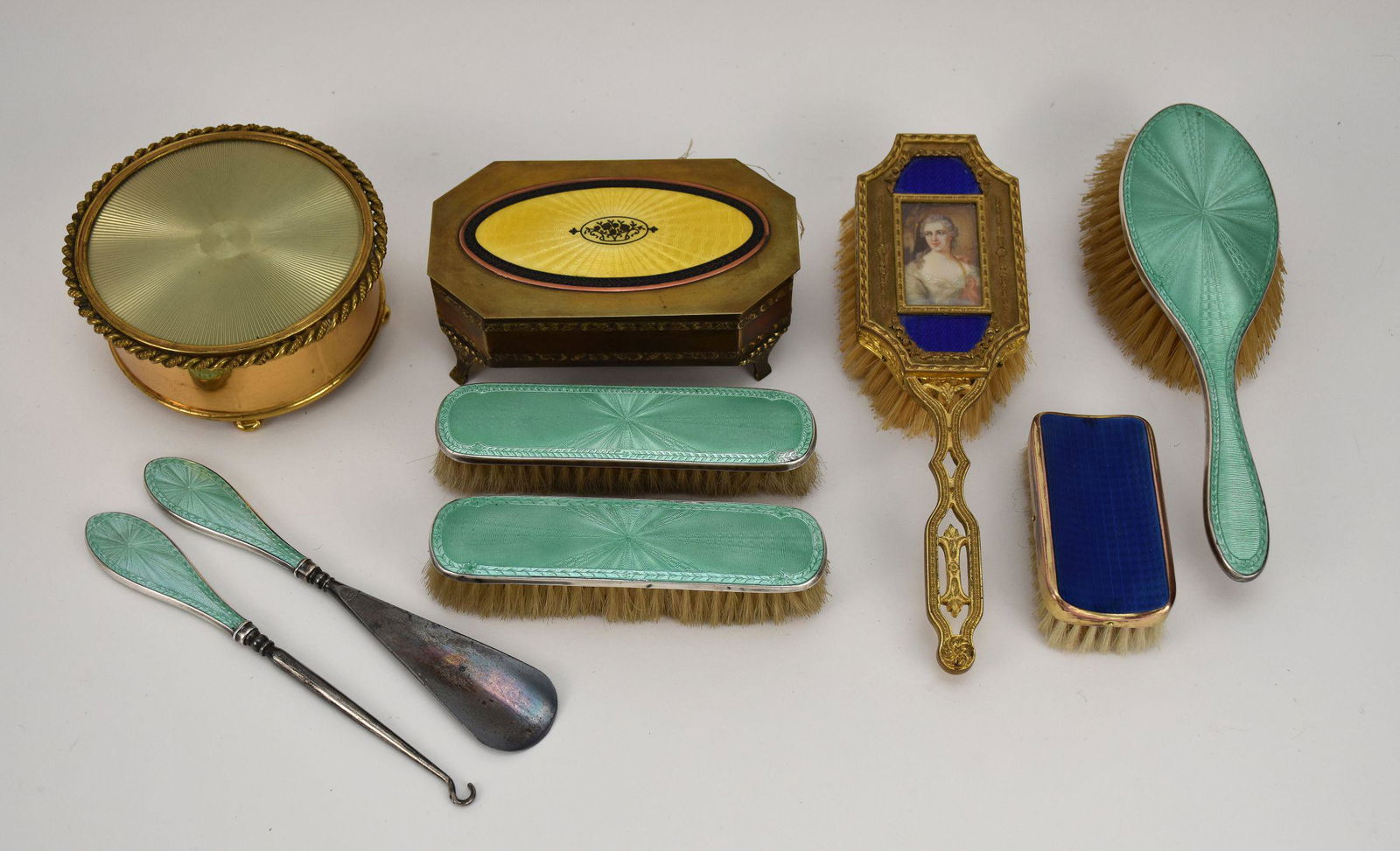 9pc. Guilloche Enamel Vanity Items & Boxes, some with sterling, some Brass, Box Marked Apollo with (1 of 9)