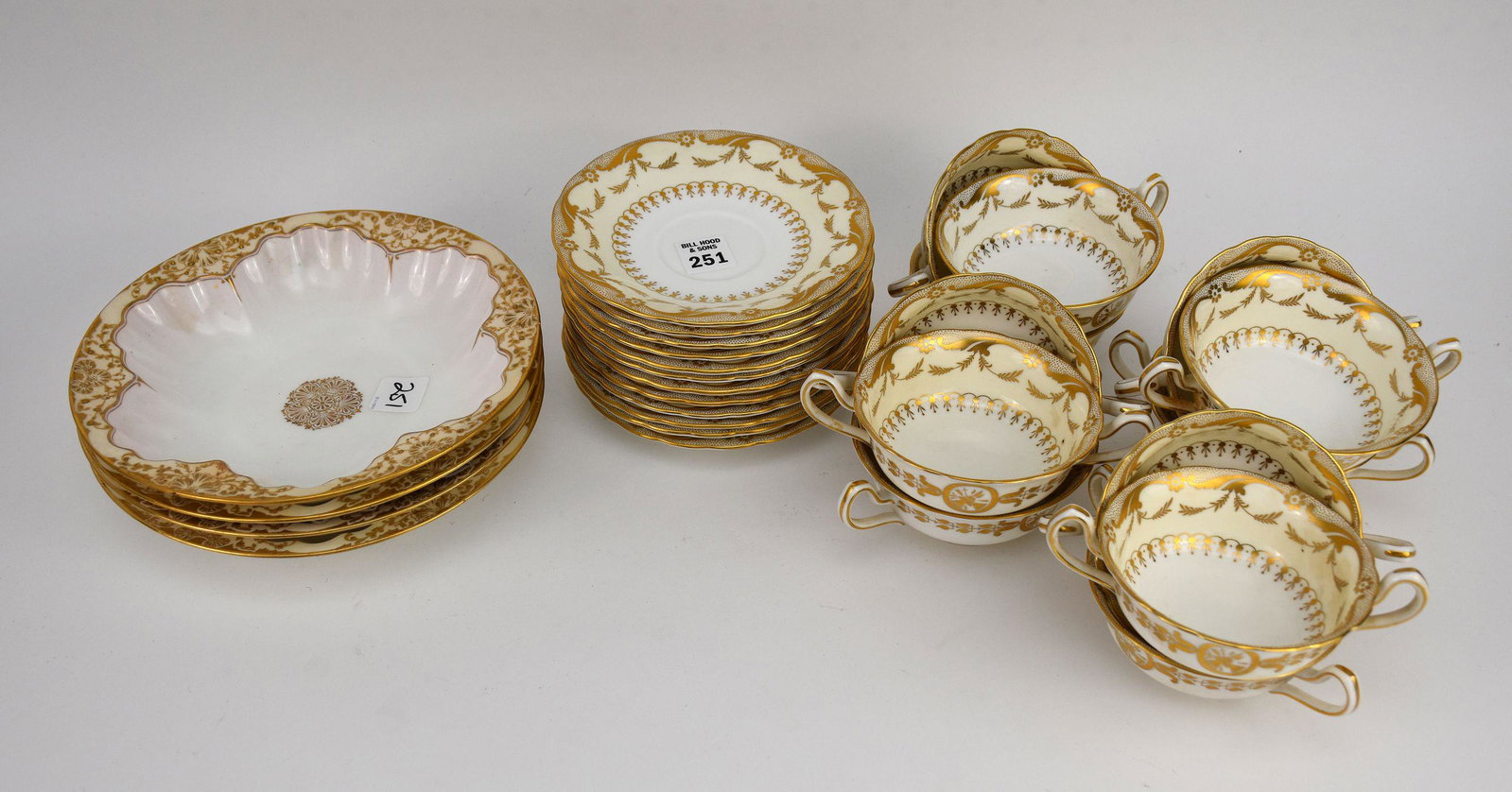 Minton china, Ivory with Gold Accents, incl; 12 Cream Soups, 12 Cream Soup Liners AND 4 English: Minton china, Ivory with Gold Accents, incl; 12 Cream Soups, 12 Cream Soup Liners AND 4 English Scalloped Bowls with Gold Accents (8 3/4"dia)