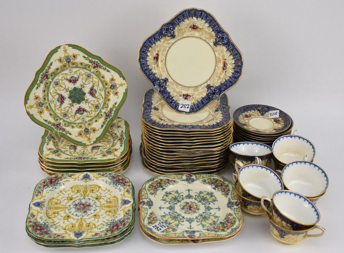 Royal Worcester Square Plates (8 1/"square), 18 Blue & 11 Green Sold With 10 Cups & 11 Saucers: Royal Worcester Square Plates (8 1/"square), 18 Blue & 11 Green Sold With 10 Cups & 11 Saucers