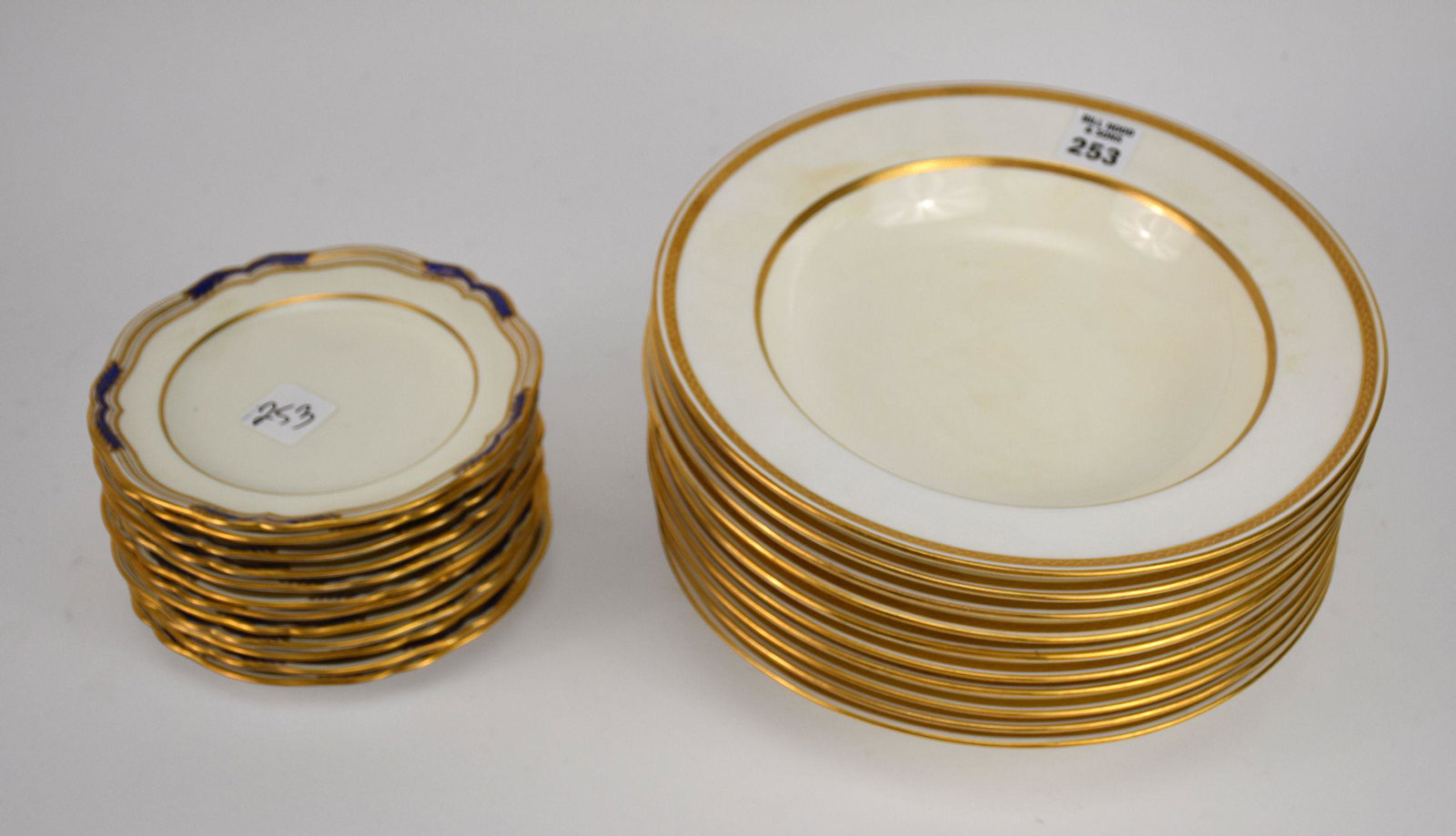 10 Minton Soup Bowls, Tiffany & Co. NY, Ivory with Gold Trim (some discoloration) AND Spode B & B: 10 Minton Soup Bowls, Tiffany & Co. NY, Ivory with Gold Trim (some discoloration) AND Spode B & B Plates "Sutherland", Tiffany & Co. NY, Ivory with Blue Border