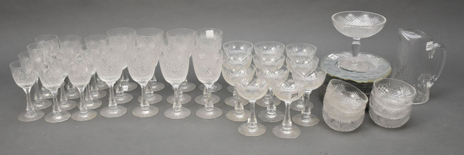 Hawkes Glassware, incl; 12 Cordials (6 1/2"h), 12 Wines (7 3/4"h), 11 Champagnes, 12 Plates (8"dia), (1 of 8)
