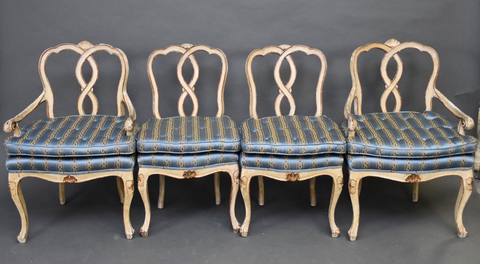 4 French Vintage Chairs, 2 Arm, 2 Side, Blue Silk Upholstered Seats (needs refinishing) (1 of 6)