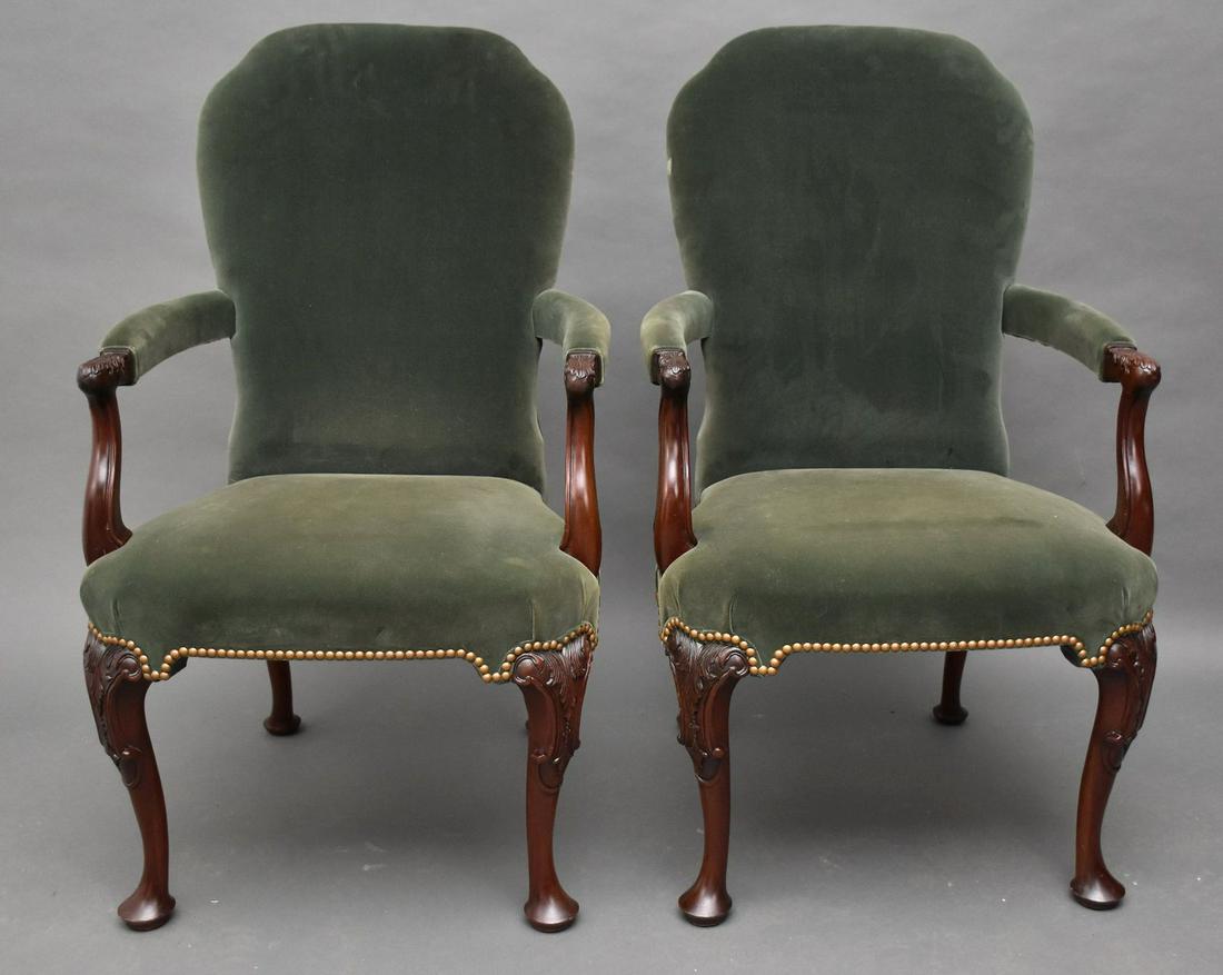 Pair Vintage Green Velvet Mahogany Frame Library Chairs (1 of 5)