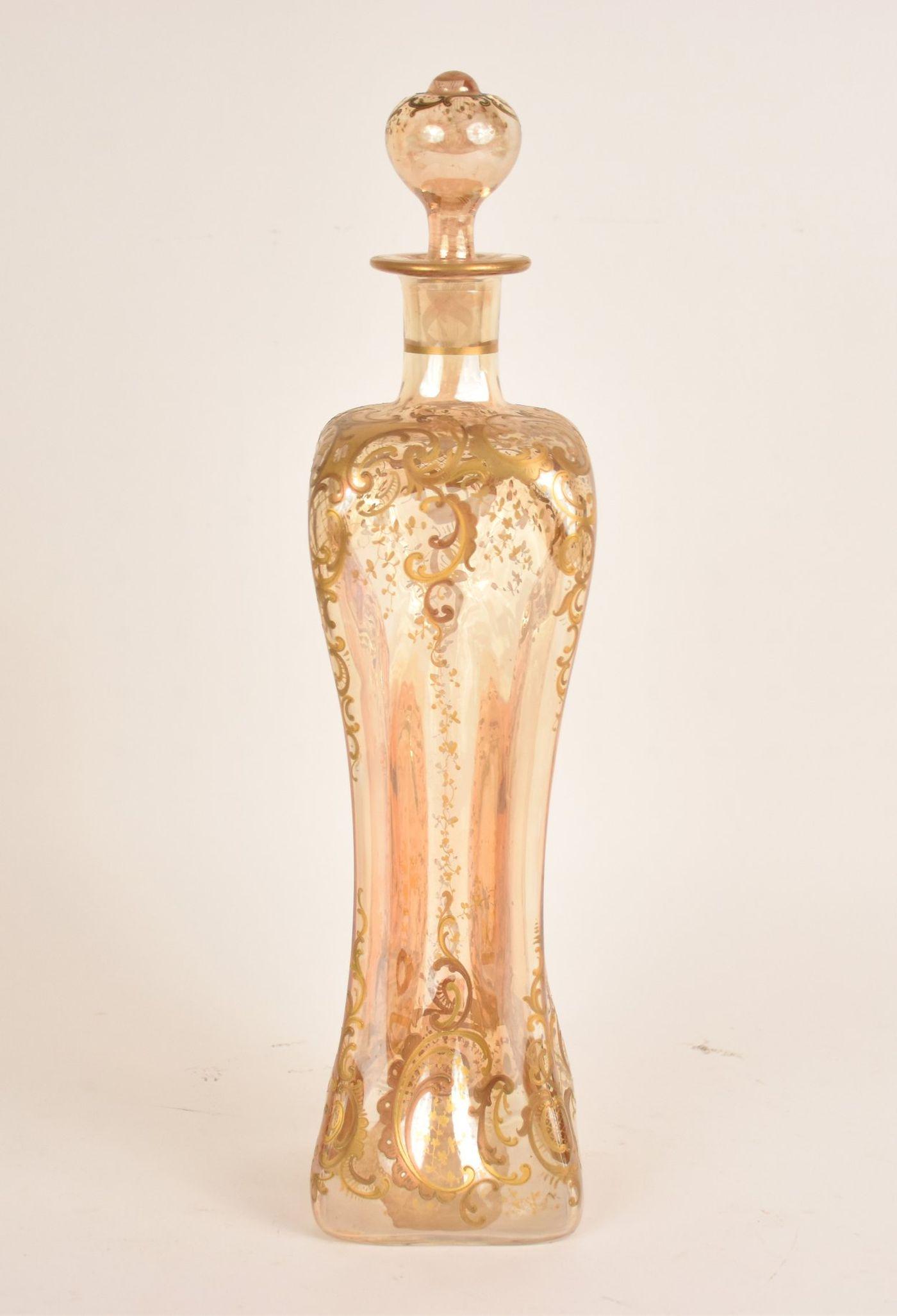 Pinched Glass Bottle/Decanter with Gold Baroque Style Accents, 15"h: Pinched Glass Bottle/Decanter with Gold Baroque Style Accents, 15"h