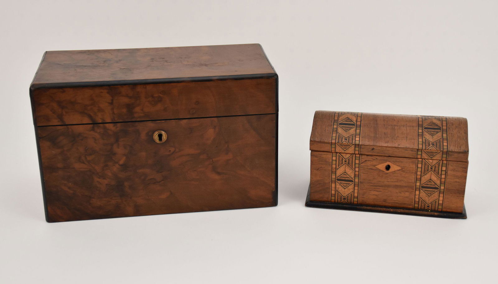 Two English Tea Caddy Boxes One of Burlwood the other Tunbridge Ware - A rectangular burlwood tea (1 of 7)