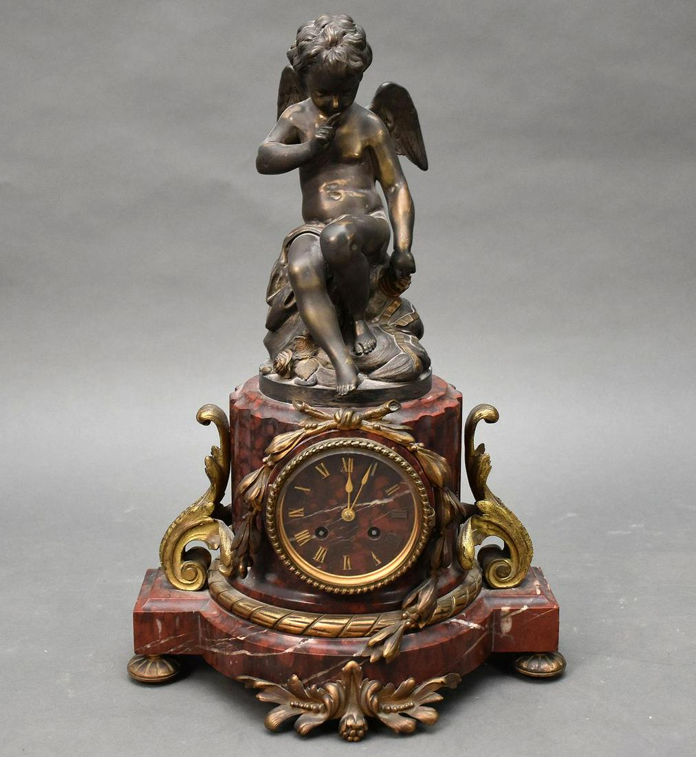 Charpentier French Figural Rouge Marble Mantle Clock - 19th century. A mantle clock with a cast (1 of 8)