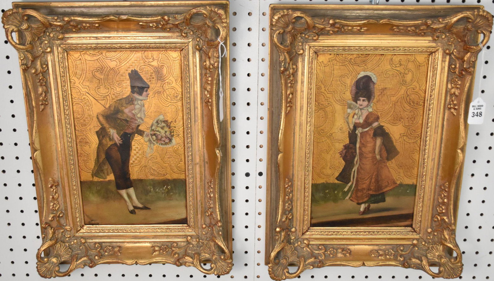 Pair 19th Century Figural Portraits Oil on Leather - A pair of giltwood framed oil paintings on: Pair 19th Century Figural Portraits Oil on Leather - A pair of giltwood framed oil paintings on leather featuring a split scene of a romantic couple -- the gentleman is courting with a bouquet of flow