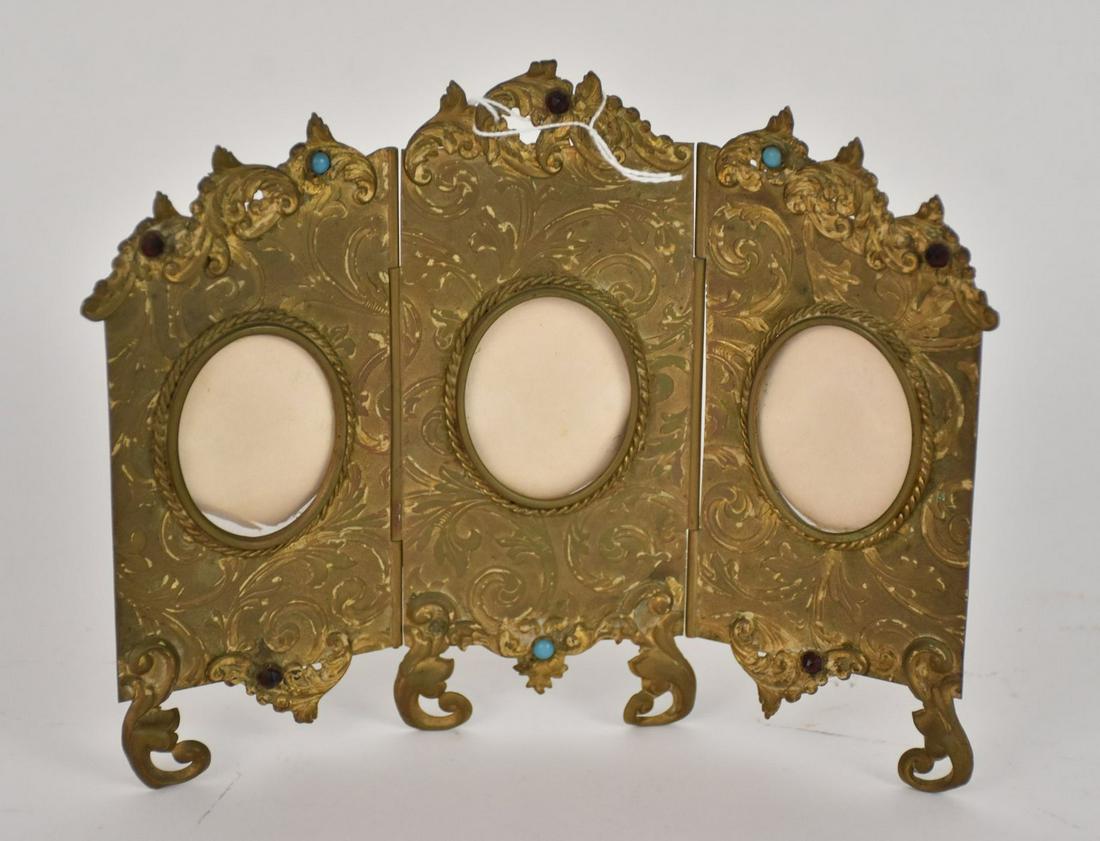 Antique Gilt Brass Triptych Photo Frame - A folding three photo frame of brass with scroll leaf (1 of 4)