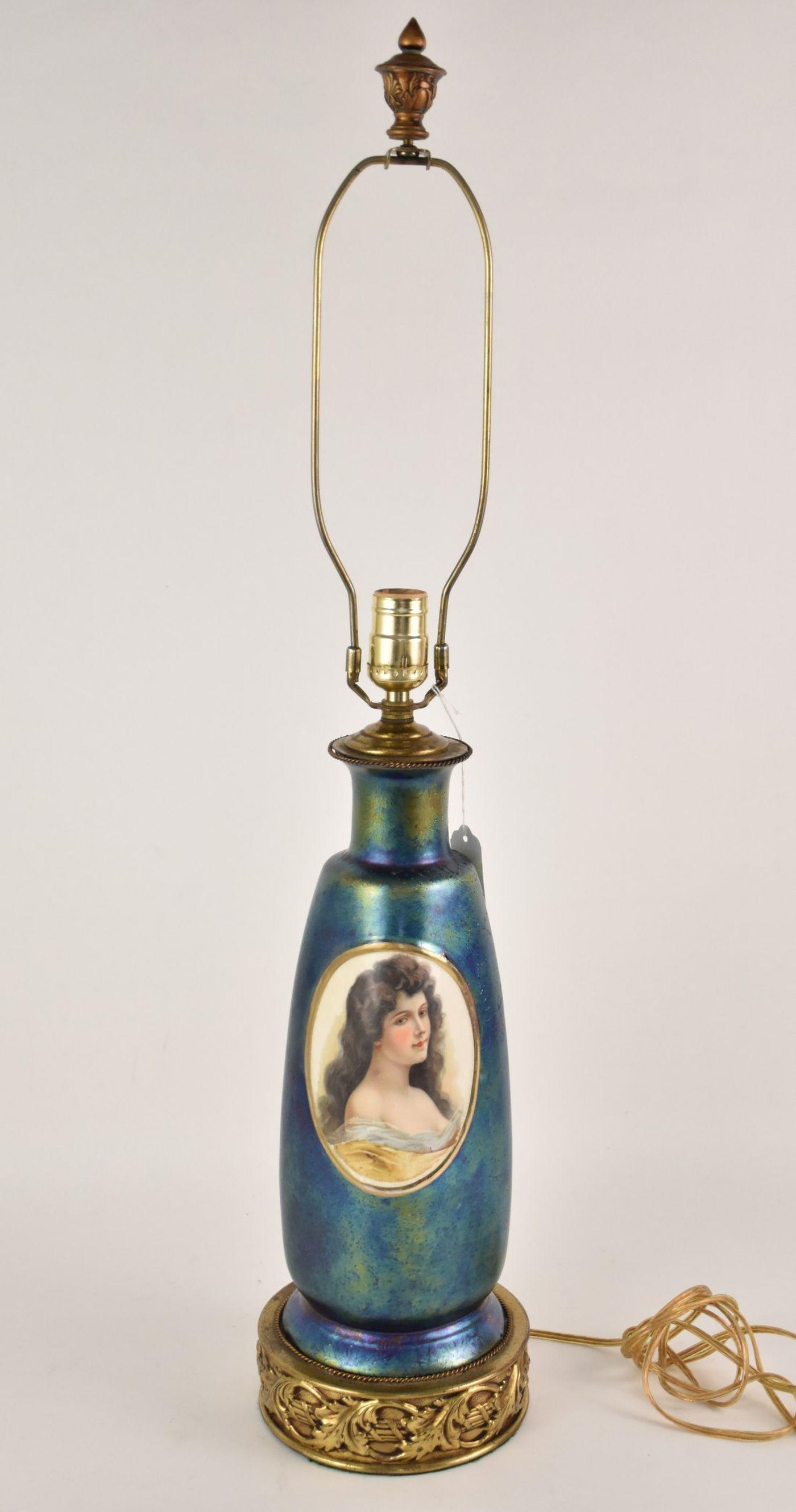 Antique Bohemian Portrait Vase Blue Iridescent Pottery now mounted as a lamp - Featuring a portrait (1 of 5)