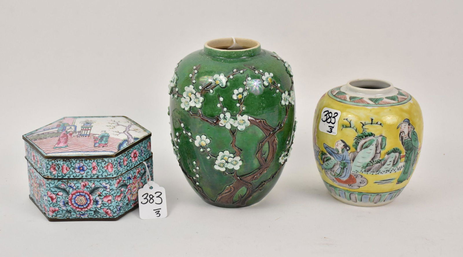 Two Asian Porcelain Vases & Chinese Canton Enamel Box - Grouping includes: a green vase with (1 of 6)