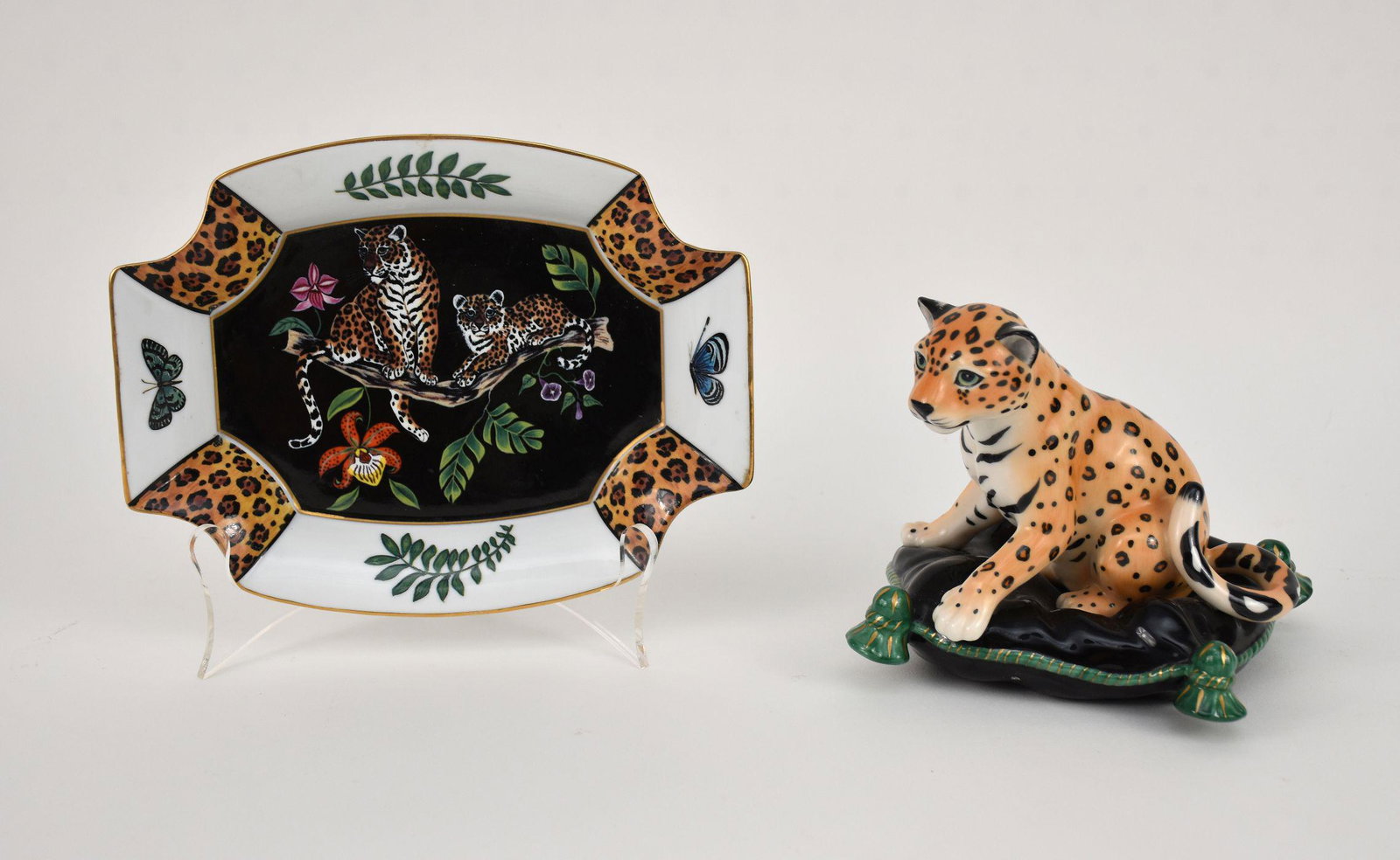 2 Lynn Chase Porcelain Pcs, Jaguar Jungle Dish (1 1/2"h x 8"w x 6 1/2"d) and Porcelain Leopard on: 2 Lynn Chase Porcelain Pcs, Jaguar Jungle Dish (1 1/2"h x 8"w x 6 1/2"d) and Porcelain Leopard on Cushion (5"h x 6"w x 6"d)