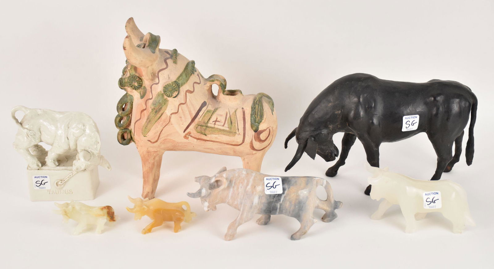 7 Assorted Sized Bull Sculptures, Hard Stone, Pottery & Composite, Largest 10"h x 10"w(one bull has (1 of 5)