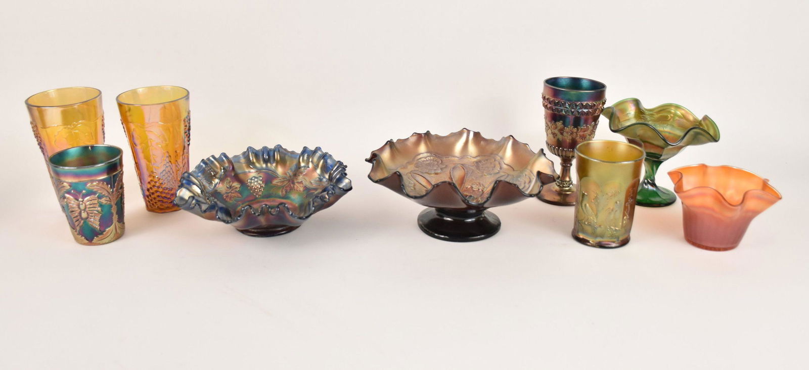 9pcs. Assorted Carnival Glass, Largest Glass 6"h, Largest Compote 4"h x 9"dia and Smallest 4 1/2"h x (1 of 7)