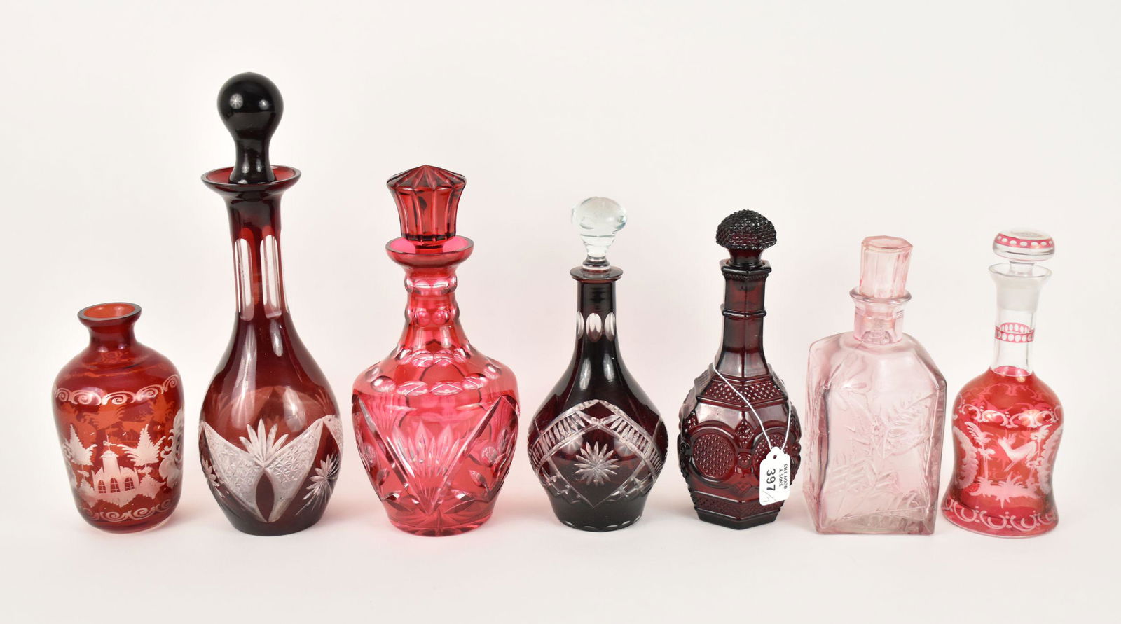 7 Glass crystal Decanters.  Red Egerman Bohemian Czech, Avon Cape Cod, Ruby Cut to clear Bohemian (1 of 6)