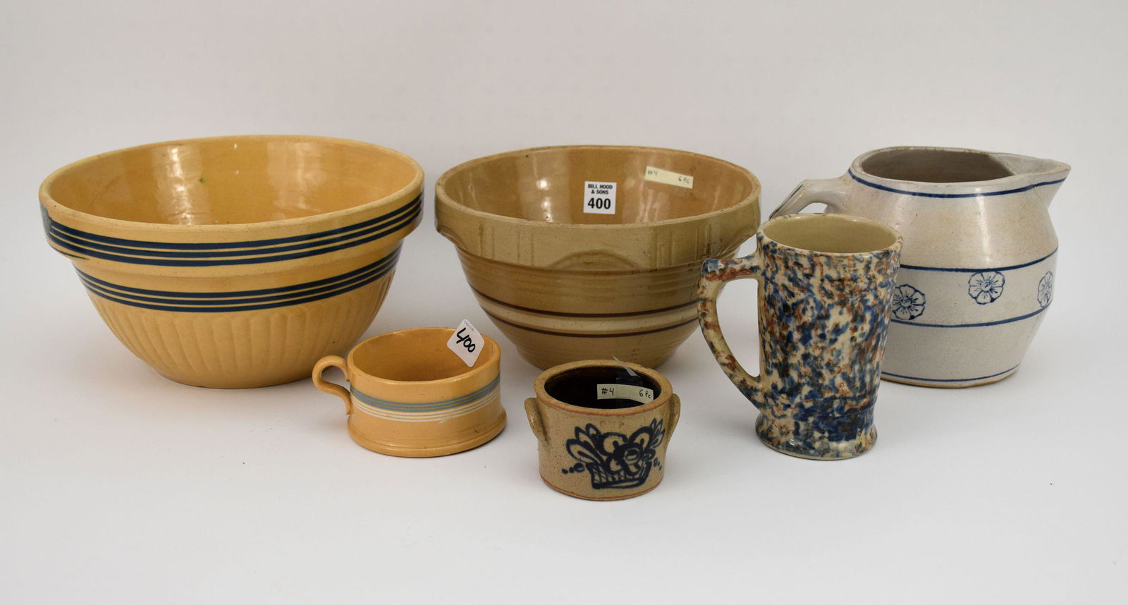 6pc. Vintage Yellow Ware, Mocha, Spongewear, Salt Glaze Pottery, incl; Mixing Bowls, Squat Pitcher, (1 of 6)