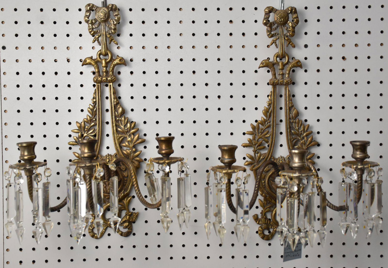 Pair Vintage Brass 3 lite Candle Wall Sconces with Bow Accents & Multi Prisms, 18 3/4"h x 12"w (1 of 5)