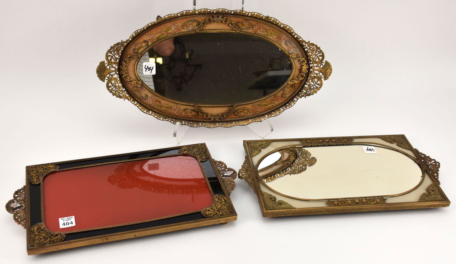 3 Vintage Lacey Brass Filagree Glass/Mirrors Footed Vanity Perfume Dresser Trays, Largest 9 3/4" x (1 of 6)