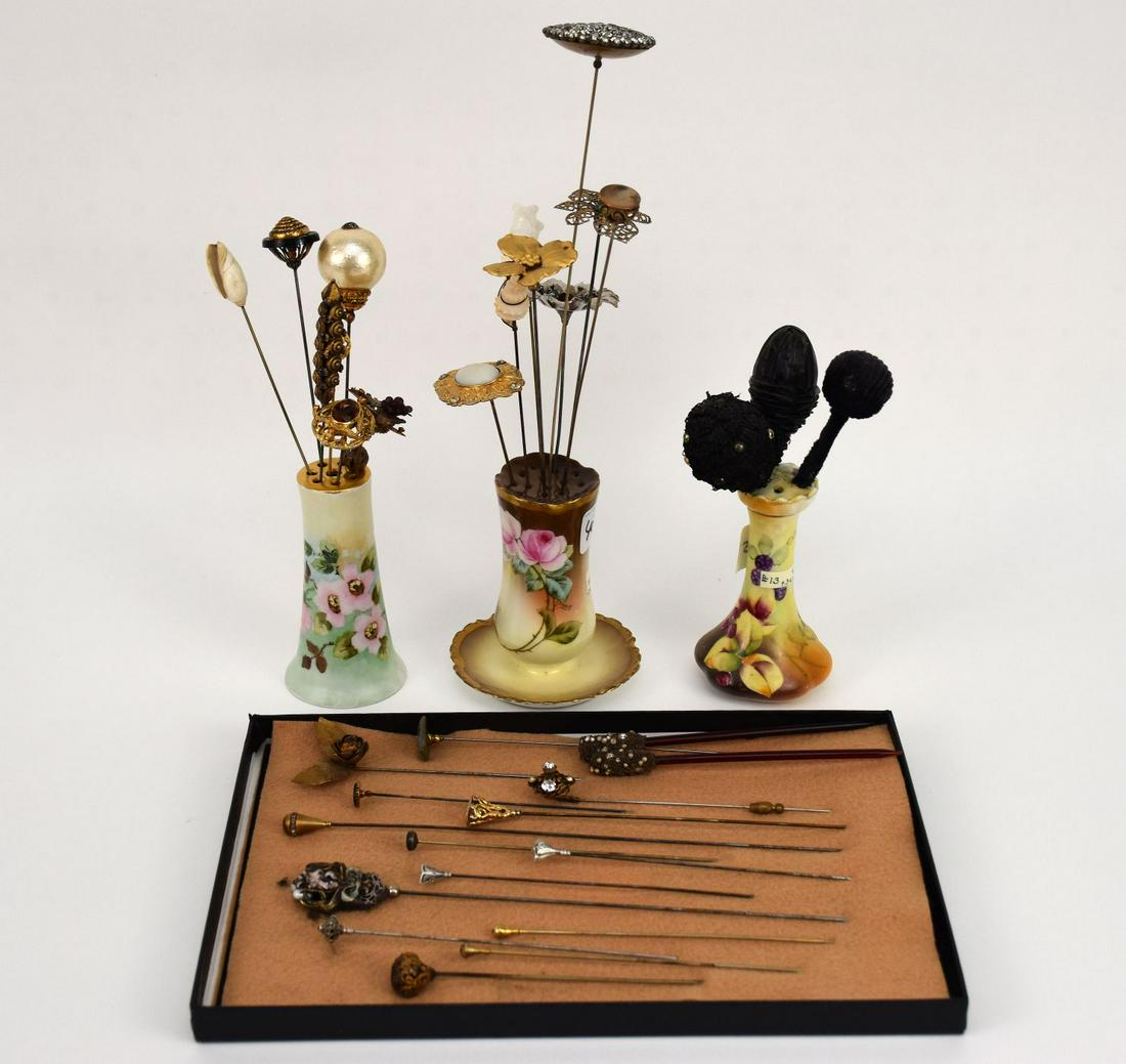 3 Vintage Hand Painted Porcelain Hat Pin Holders, Nippon, Limoges, Bavaria Sold With 36 Vintage Hat (1 of 5)