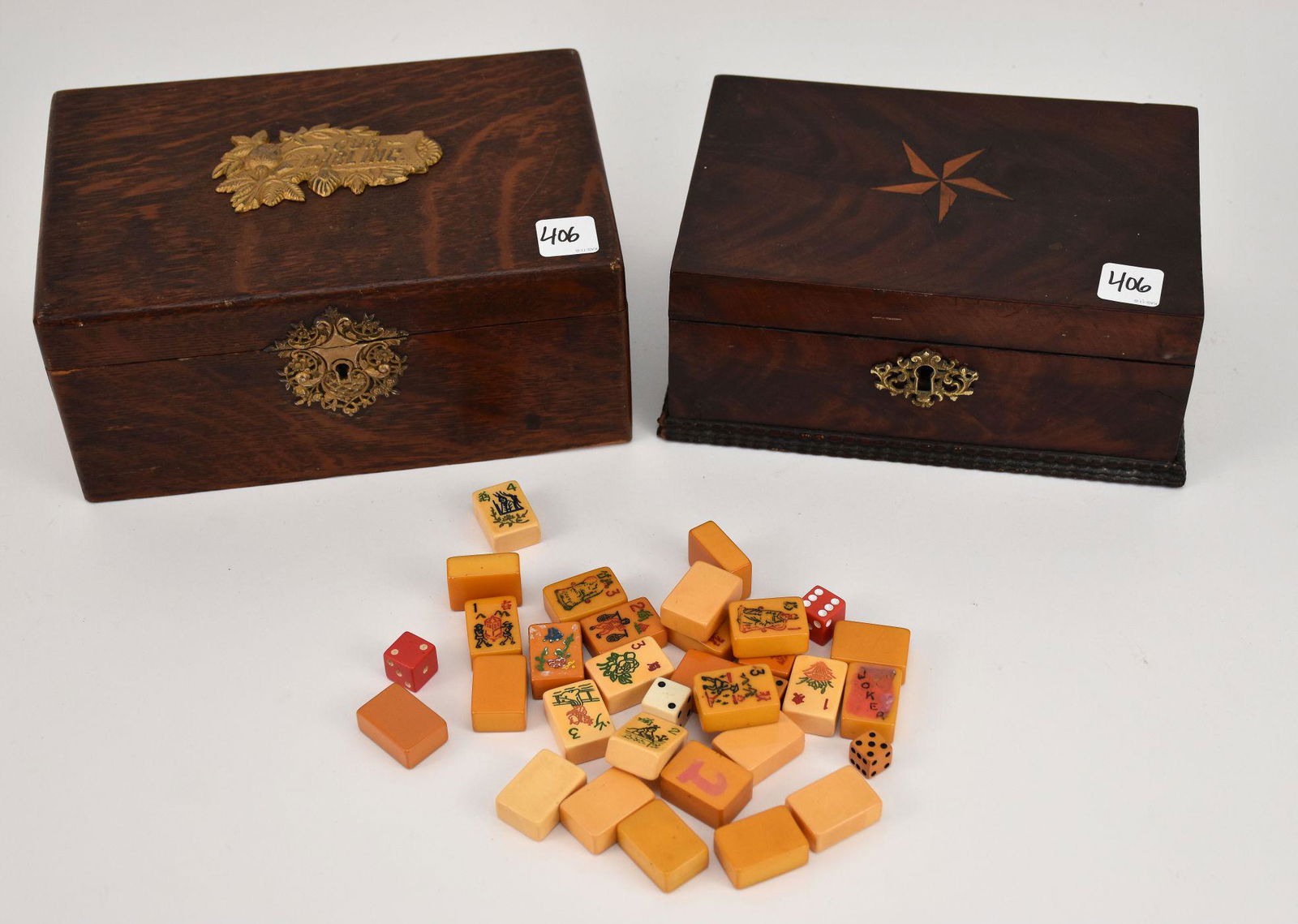 2 Vintage Mahjong Sets in Boxes, Bakelite Pieces, Extra Pieces in Bag (1 of 9)