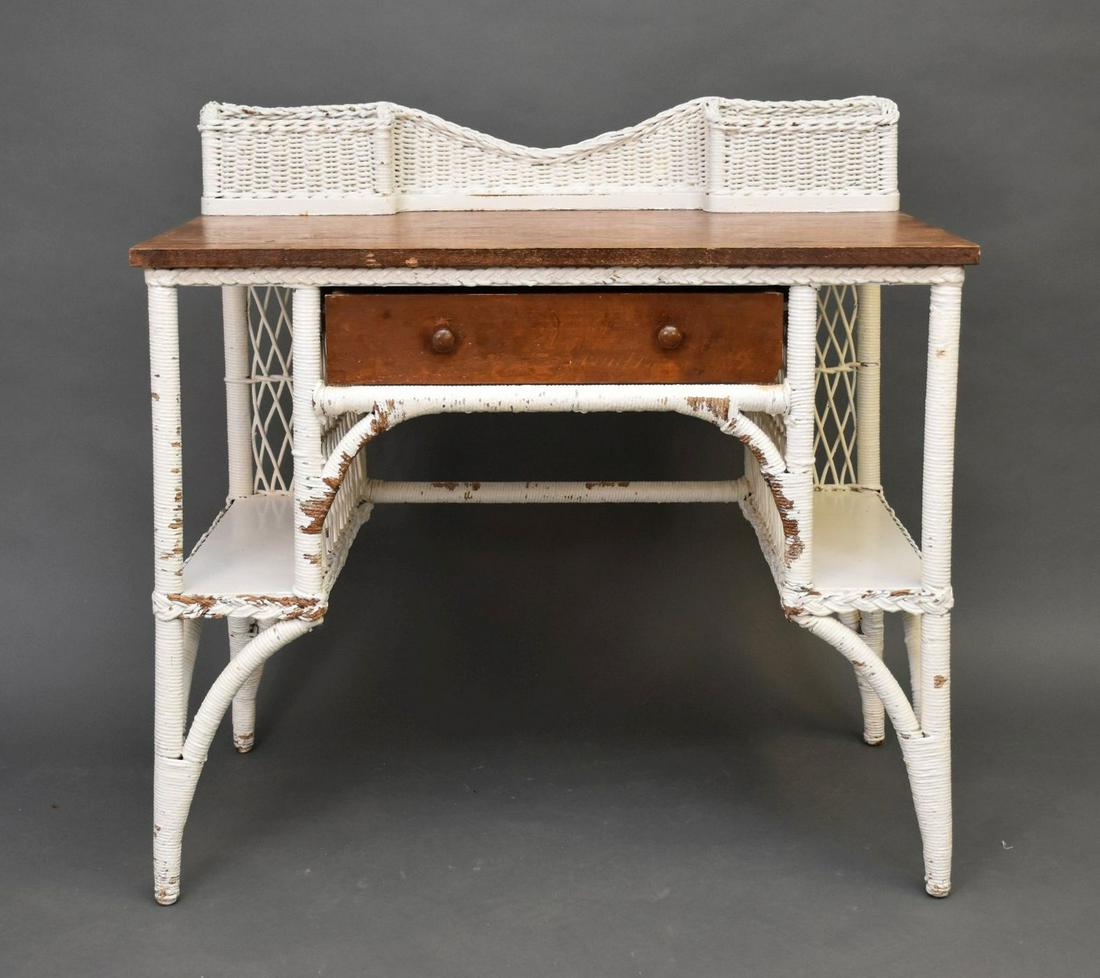 Vintage Wicker Desk with Oak Top, One Drawer,  30"h x 36"w x 22"d (paint loss) (1 of 4)