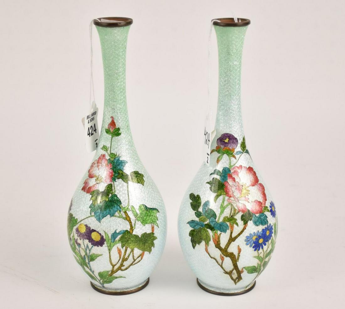 Pair Japanese Ginbari Cloisonne Vases - A pair of long-necked pear-form vases with floral motifs on (1 of 6)