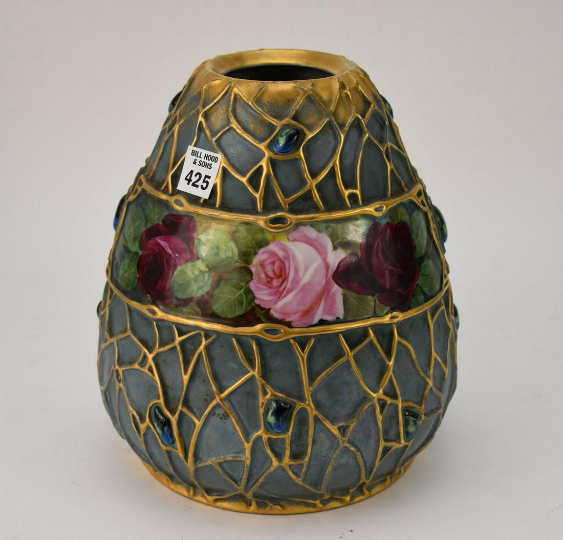 AUSTRIAN ART NOUVEAU "HOLLY" PORCELAIN VASE- Austrian pear-shaped vase in the HOLLY pattern, with a (1 of 9)