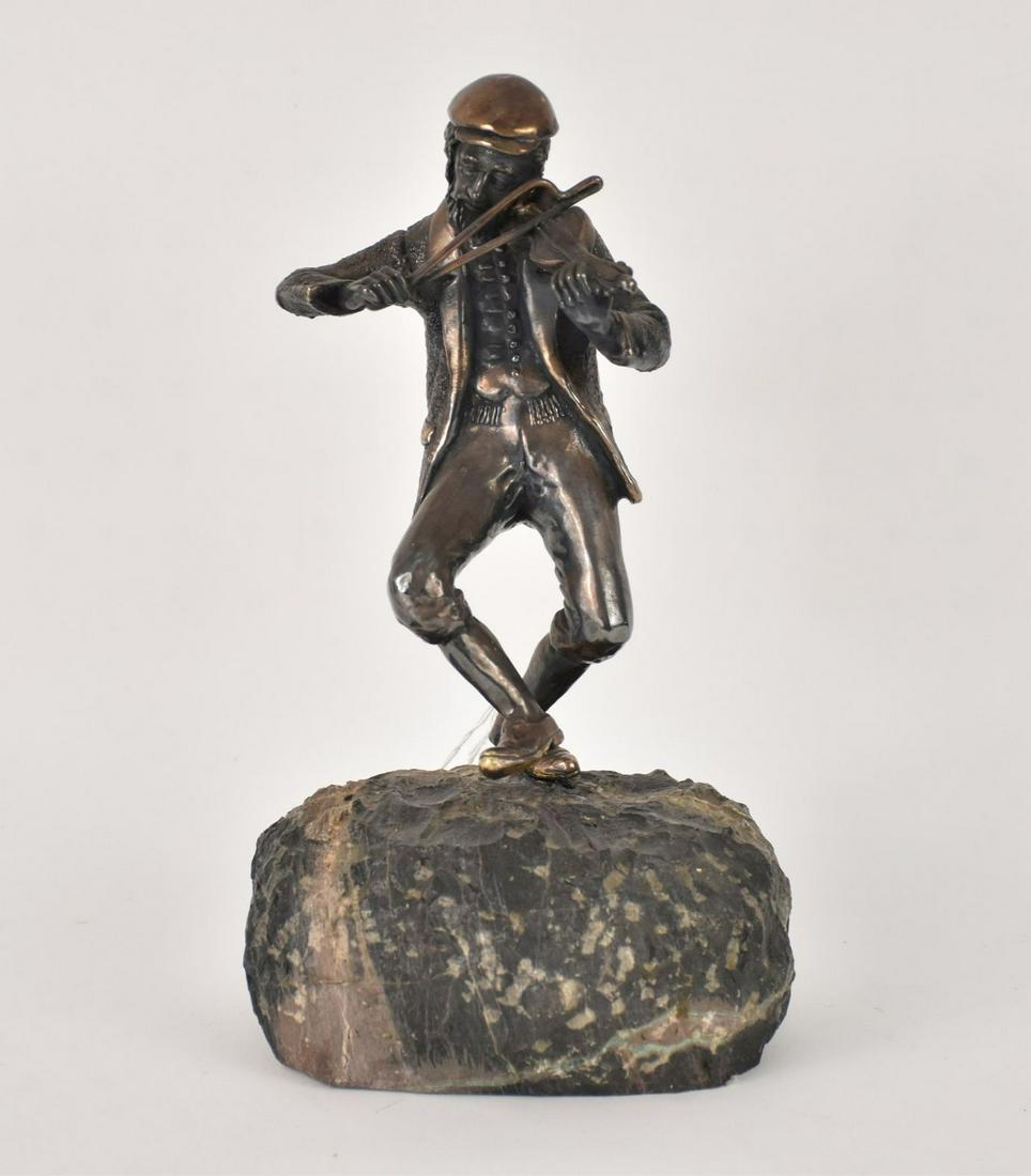Yaacov Heller Jerusalem Israel Fiddler Sculpture - A silvered figural sculpture of a fiddler atop a (1 of 6)