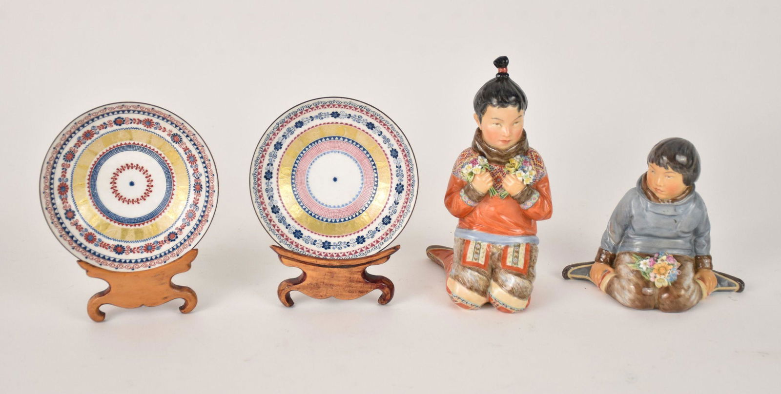 Two Royal Copenhagen Greenland Figures and 2 E.S. Wien Enamel Dishes - Grouping includes: Two Royal (1 of 8)
