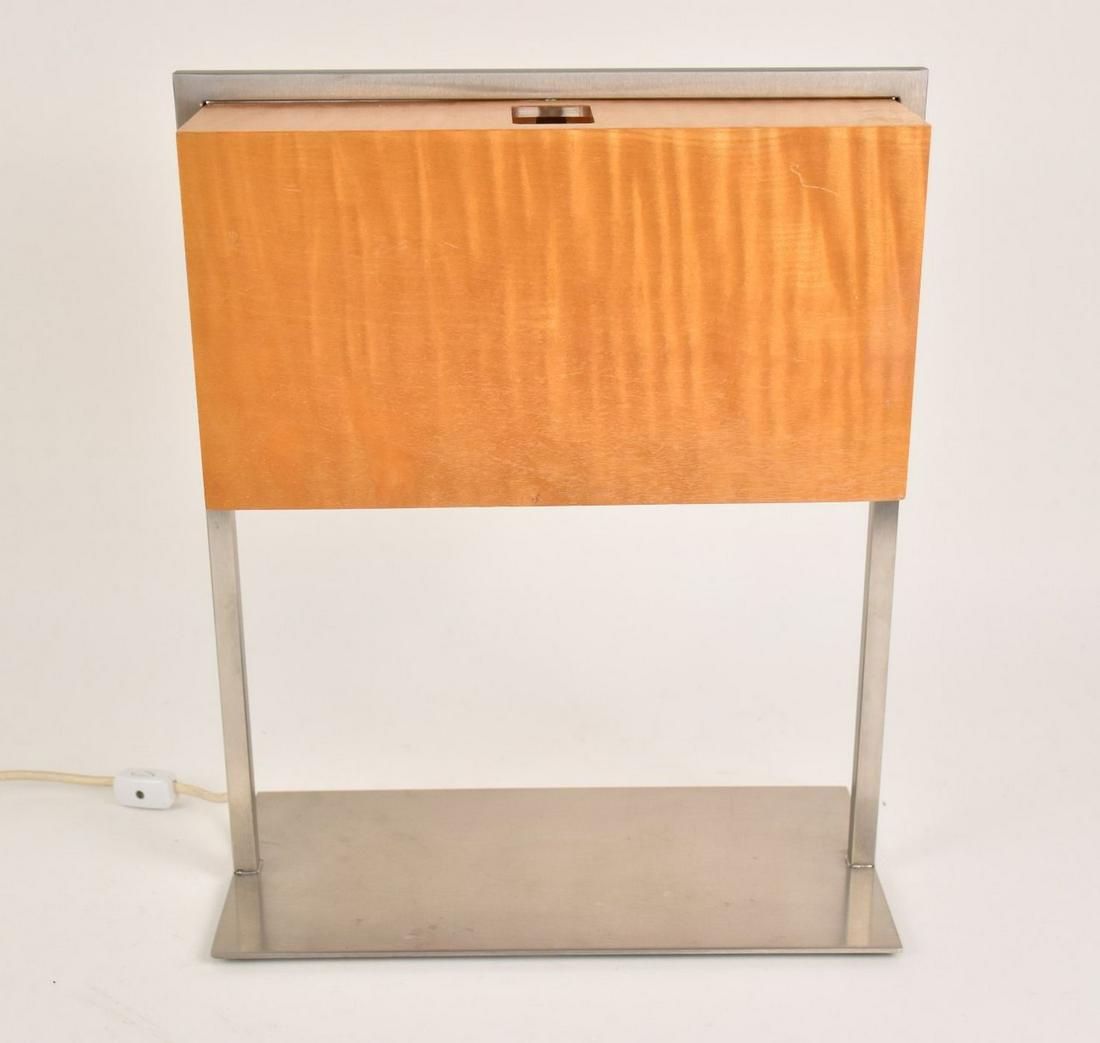 Mid-Century Table Lamp with Wood Veneer Shade & Metal Base - A rectangular table lamp with a tiger (1 of 4)