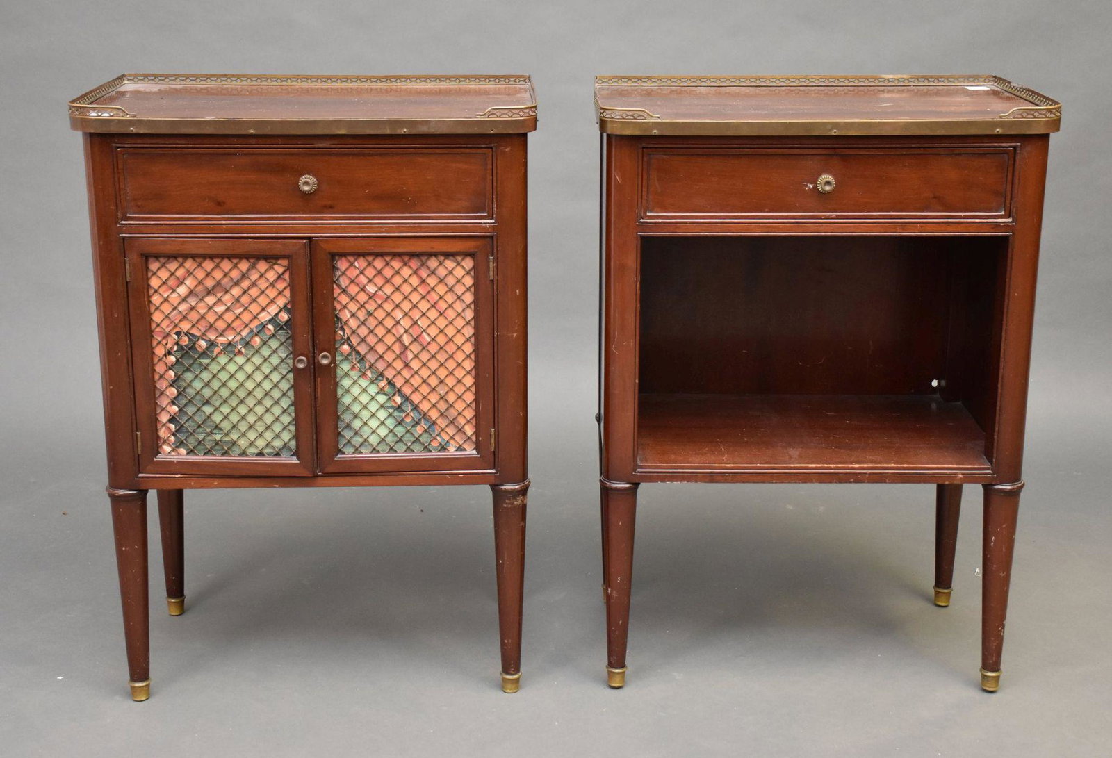 2 Mahogany Nightstands, One with Grid Doors & Painted Scene, Galleried Rims, 28"h x 20"w x 12"d: 2 Mahogany Nightstands, One with Grid Doors & Painted Scene, Galleried Rims, 28"h x 20"w x 12"d