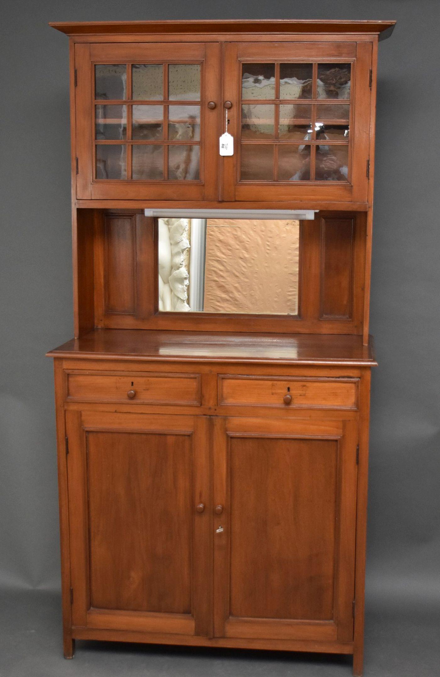 19th c. Hutch/Cabinet with Two 9 Pane Doors Above 2 Drawer Over Cabinet Doors, Mirror on Back, 79"h (1 of 8)